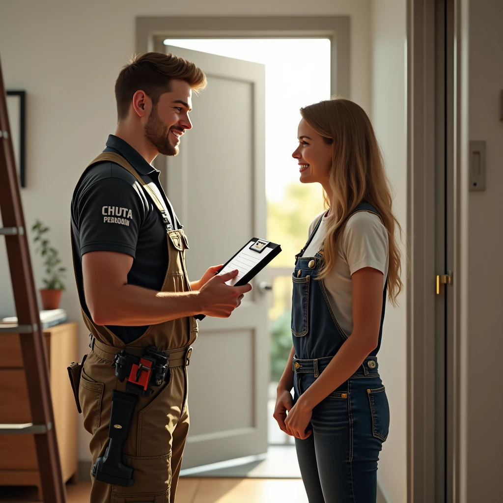 A realistic scene depicting a professional door installation consultation. The setting is a modern, well-lit home interior. A professional installer, dressed in work clothes with a logo on his shirt, stands with the homeowner, holding a clipboard or tape measure. The installer carefully measures the doorway or discusses door installation options with the homeowner. Various tools and equipment associated with installing doors can be seen in the background. The atmosphere should be friendly and professional, with attention to detail, tools and expressions of the people involved.