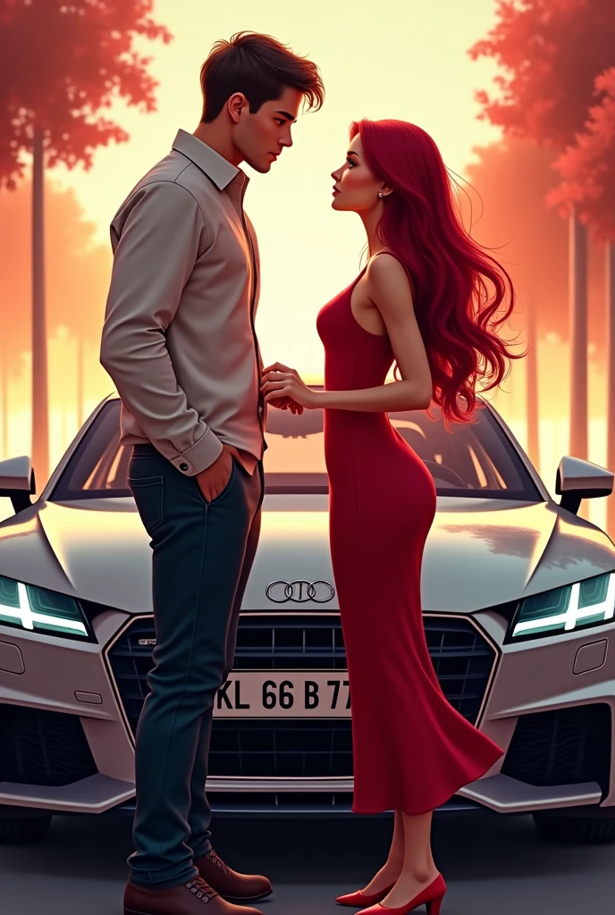 A girl with red colour frok and long hair  she with her boyfriend and audi TT that car number is KL 66 B 777