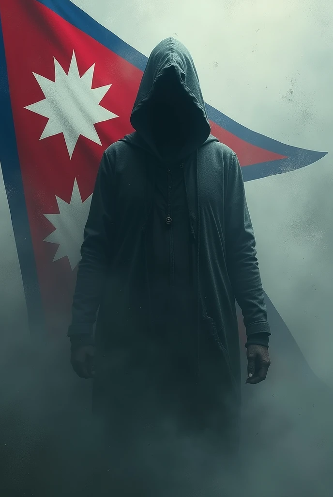 please generate the picture of a huddy shadow man and in the background flag of Nepal