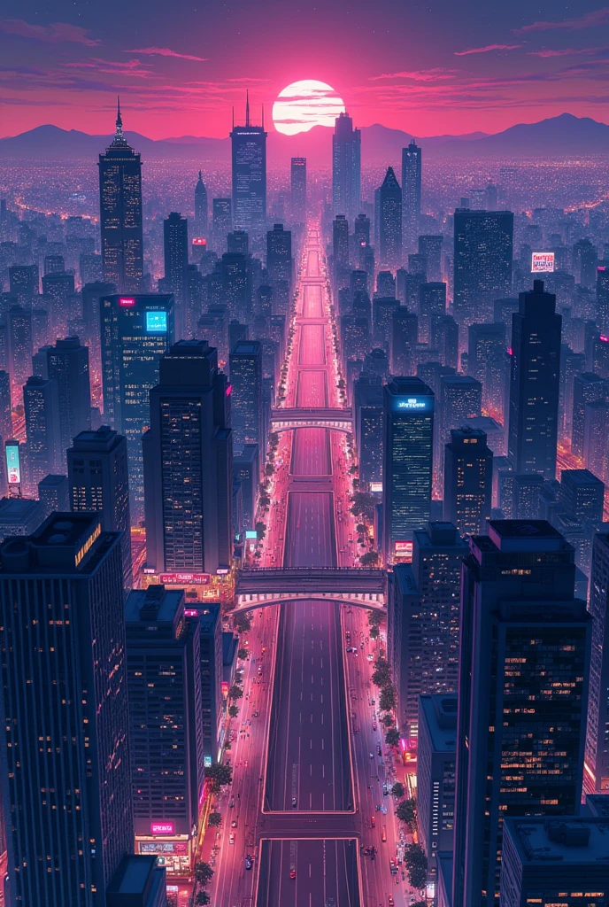 1990s anime style view of a city from above at night, has the vibe of City Pop Music in Japan with hues near the violet spectrum