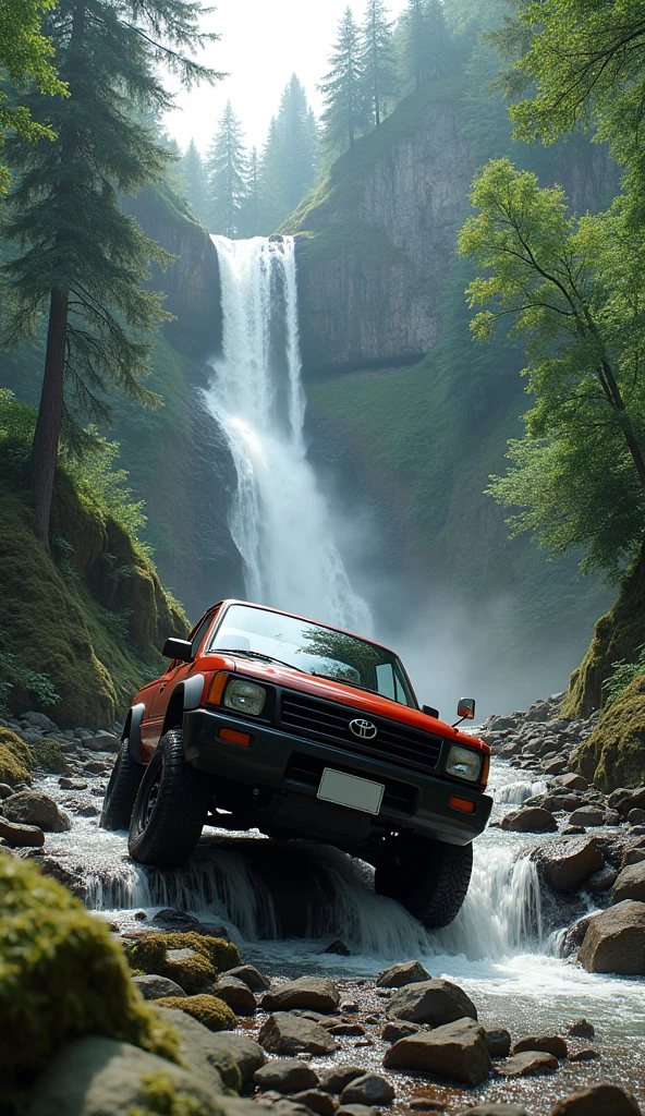 Toyota vigo in downfall position in mountain with water fall and trees without number plate