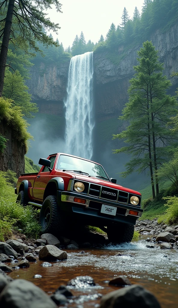 Toyota vigo in downfall position in mountain with water fall and trees without number plate