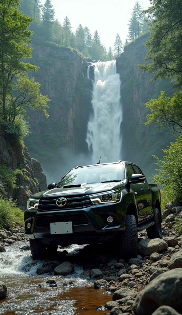 Toyota vigo in downfall position in mountain with water fall and trees without number plate