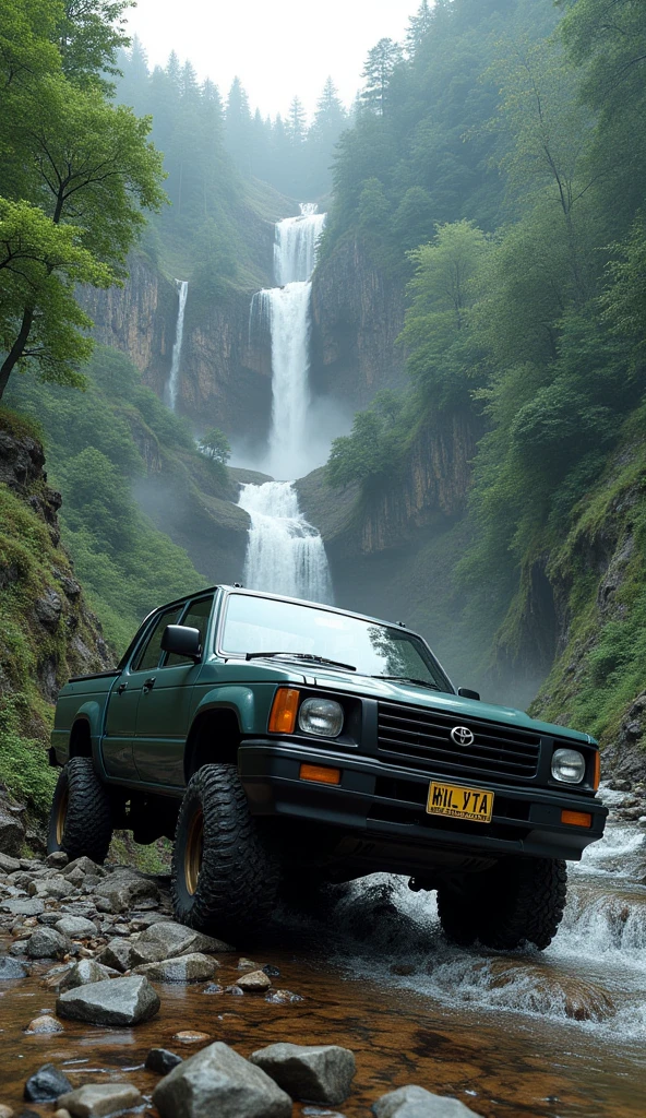 Toyota vigo in downfall position in mountain with water fall and trees without number plate