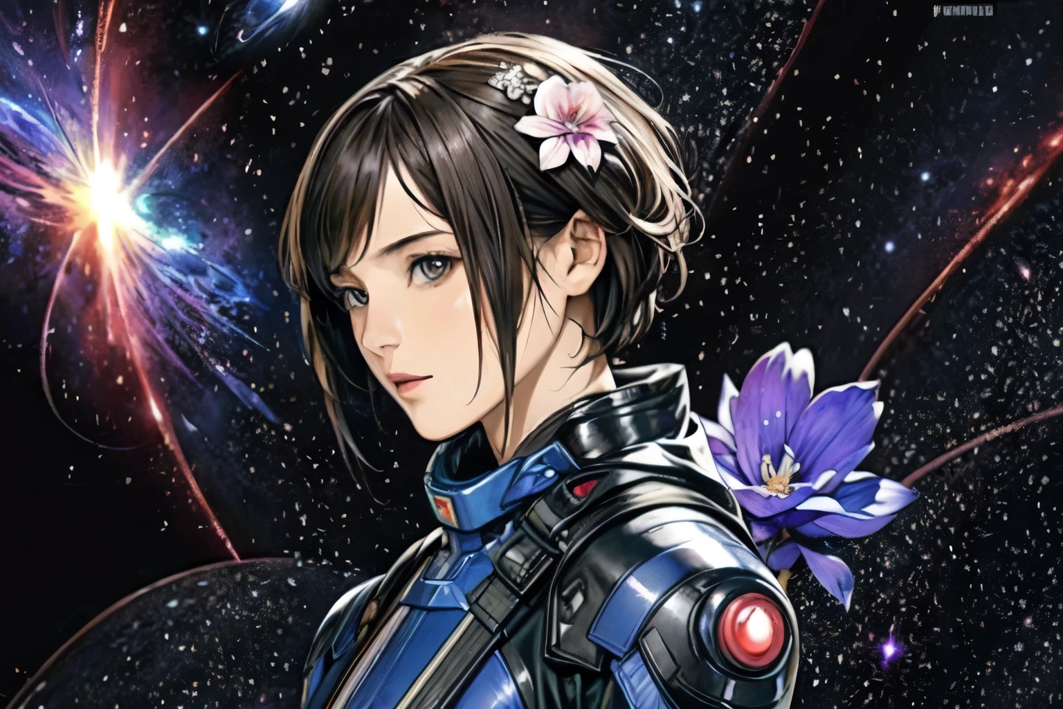278 (20-year-old woman,short hair) , flower, Futuristic clothing, machinery suit, (The background is a galaxy and nebula)