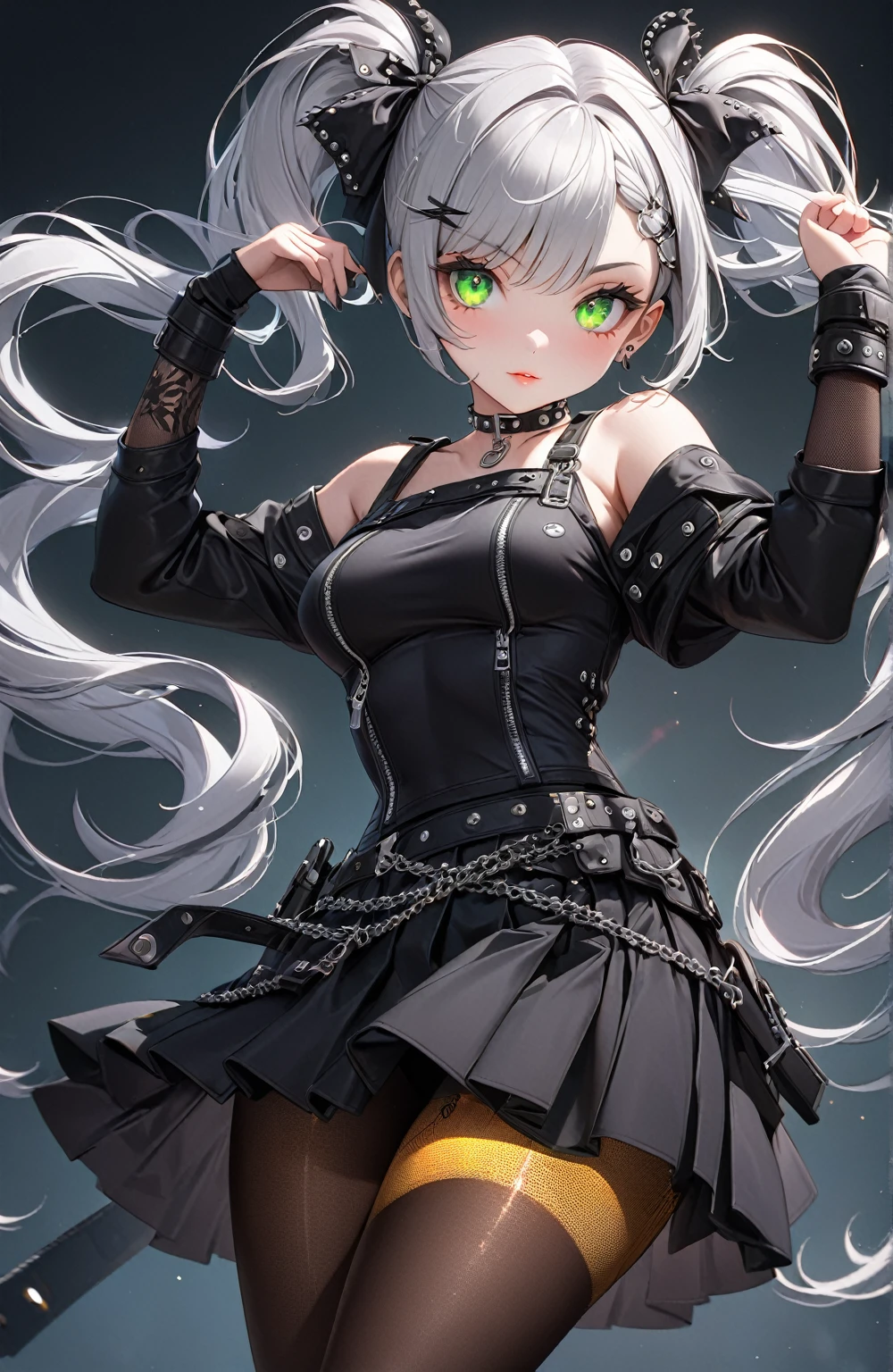 Ultra high resolution, rich colors, perfect image, top quality, detailed image, beautiful single woman, glowing skin, skin and clothing texture, delicate eyes, punk girl, choker, tight skirt, pantyhose, silver hair twin tails, green eyes