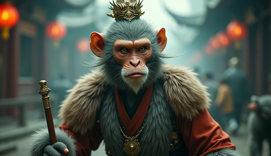 a highly detailed 1girl with detailed fur and accessories, the monkey king sun wukong, muted cinematic colors, shot on cinstill film, 9:16 aspect ratio, (best quality,4k,8k,highres,masterpiece:1.2),ultra-detailed,(realistic,photorealistic,photo-realistic:1.37),HDR,UHD,studio lighting,ultra-fine painting,sharp focus,physically-based rendering,extreme detail description,professional,vivid colors,bokeh