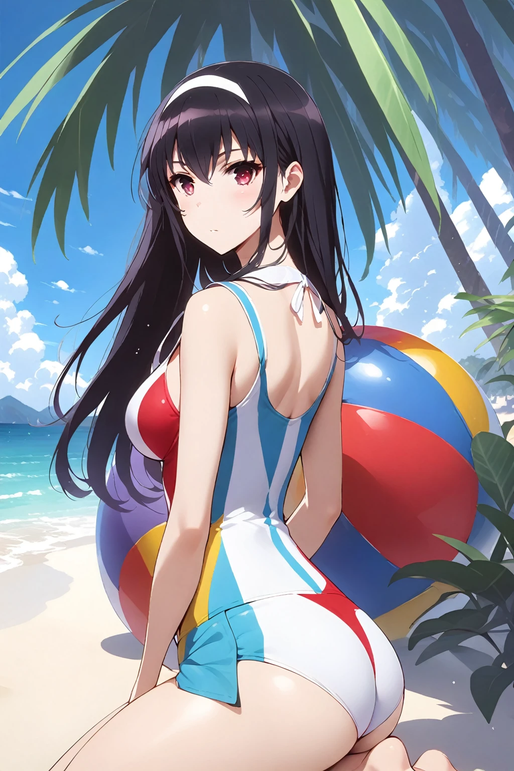 Colorful swimsuits，A pair of sunglasses，Normal behavior，Kneeling on the beach，a beautiful  woman， black hair, （solo：1.2），（highest quality，extremely clear，masterpiece：1.2），full-body shot