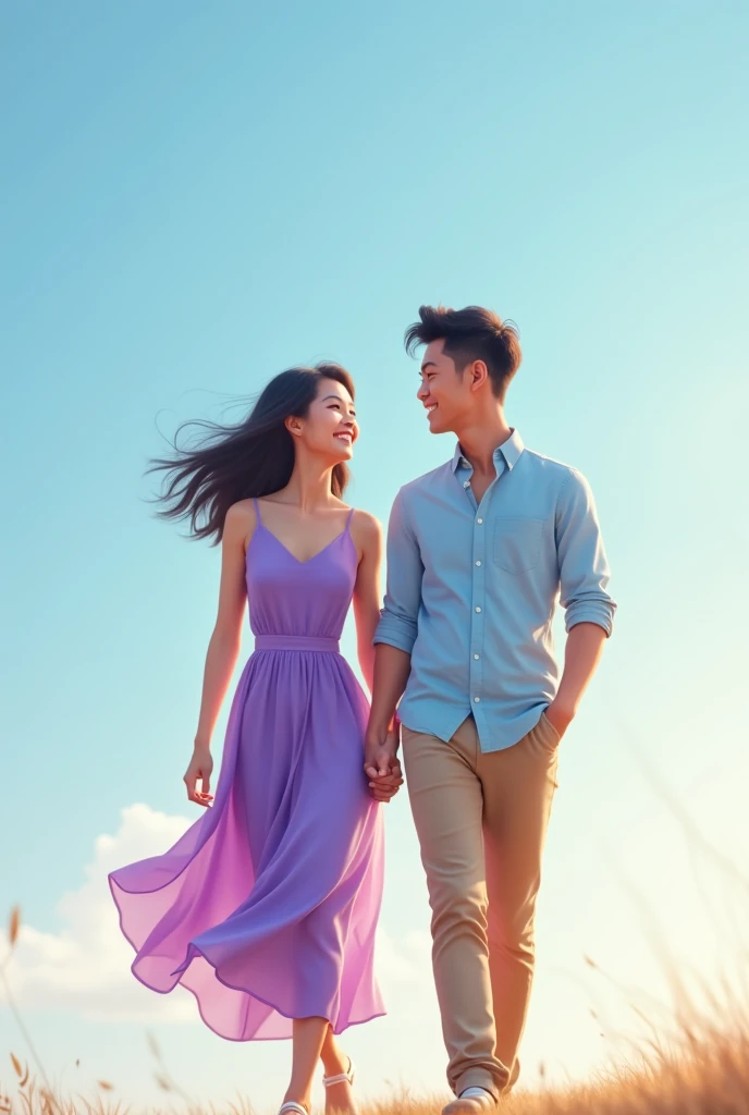 A young Asian couple walking together and smiling, the woman wearing a violet dress and the man wearing a light blue shirt and khaki pants, in front of a blue and white background