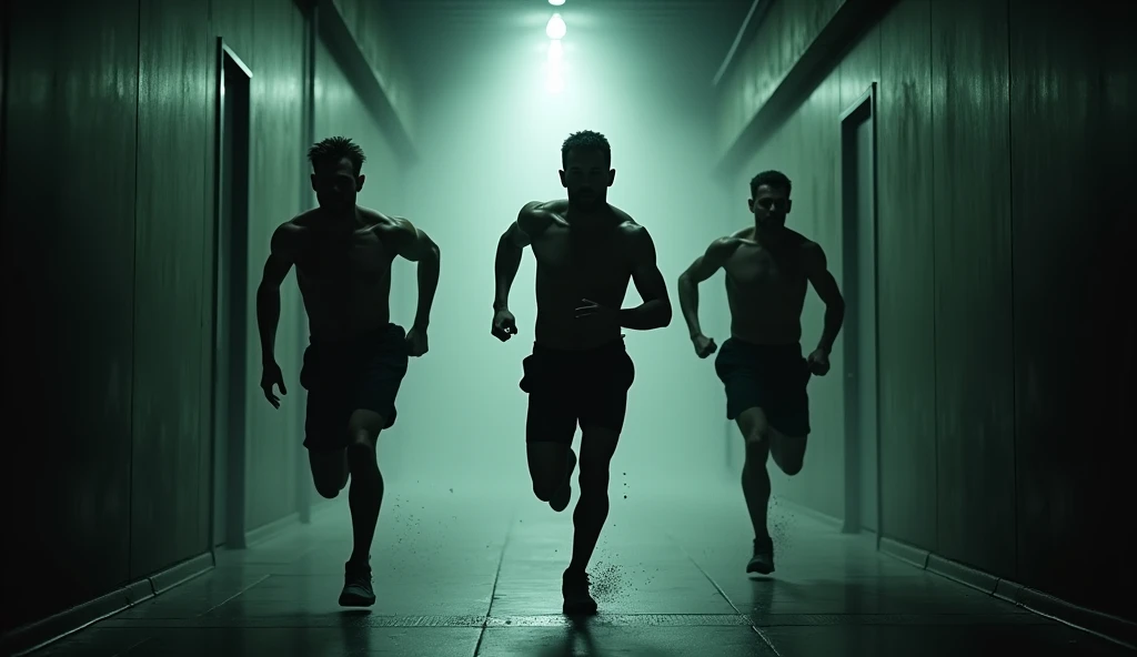 The 3 man running down a long, dark corridor towards the exit.