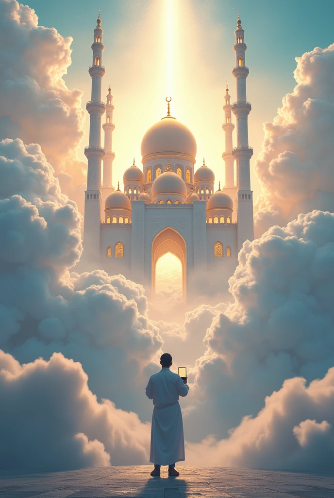 A huge, gigantic mosque on the back of the clouds in the sky, with lots of lights and lights, and giant clouds, white and gold..
High accuracy, Ultra-high-resolution display, Very detailed, luster, halo on head, color deviation, glowing light, Rays of God, A picture of bliss.
Muslim man holding phone