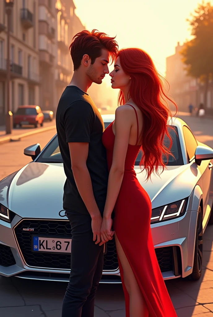A girl with red colour frok and long hair she with her boyfriend and audi TT that car number is KL 66 B 777