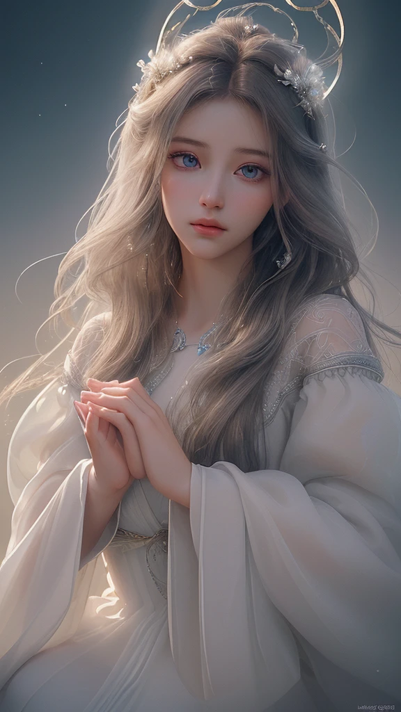 1girl, beautiful detailed eyes, beautiful detailed lips, extremely detailed face and features, long flowing hair, graceful flowing dress, praying pose, soft lighting, sacred atmosphere, halo effect, serene expression, ethereal beauty, elegant figure, timeless beauty, photorealistic, 8k, high quality, masterpiece, digital art