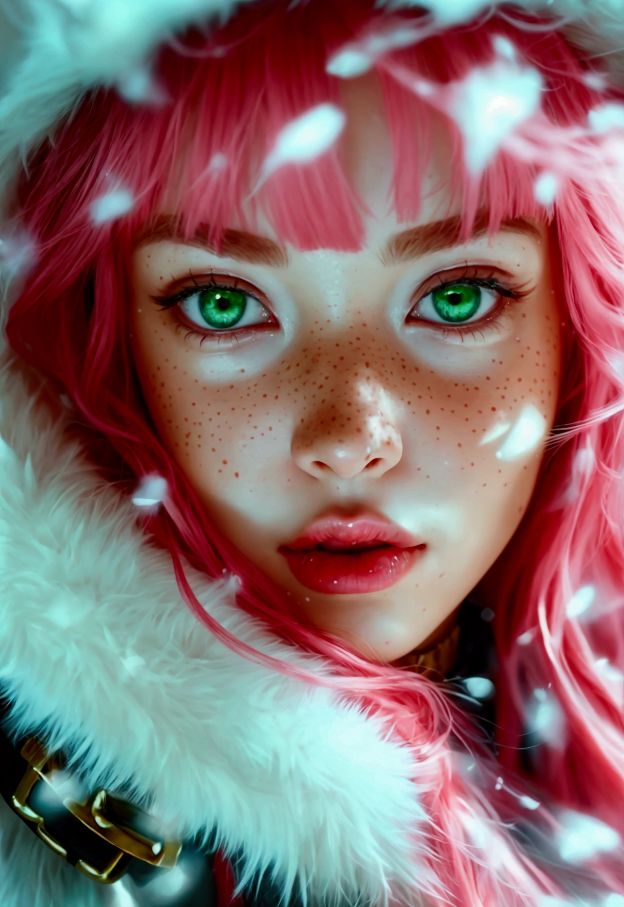 Young girl, influencer, with green eyes, pink hair, very pretty, freckles, big breasts, she is naked and only wearing individual fishnet stockings. Around her neck she wears a dog collar and on her hands are handcuffs. She is cold because she is in the snow. Her face and breasts are full of semen. The photograph is hyperrealistic and the camera is at medium height, capturing her from a close-up.