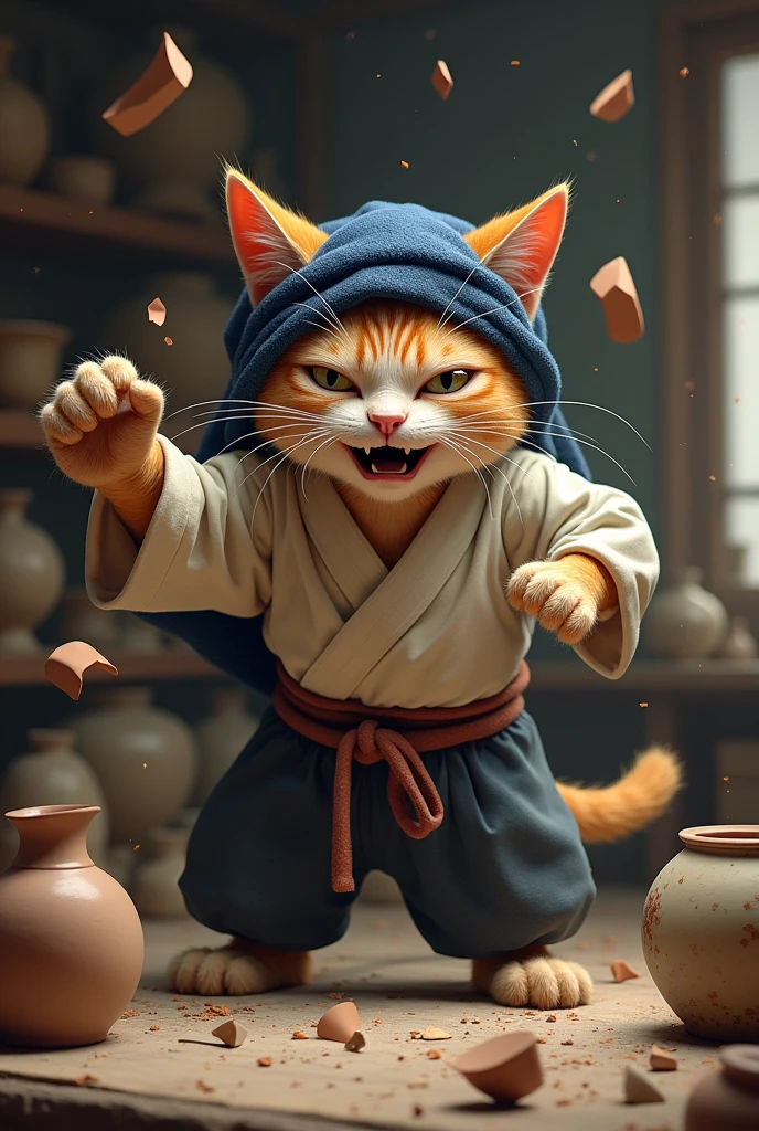 A cranky old cat craftsman swinging a piece of pottery up and smashing it on the floor、Workshop、Kimono work clothes、Broken ceramic jars scattered on the floor、A navy blue towel wrapped around the head、Realistic