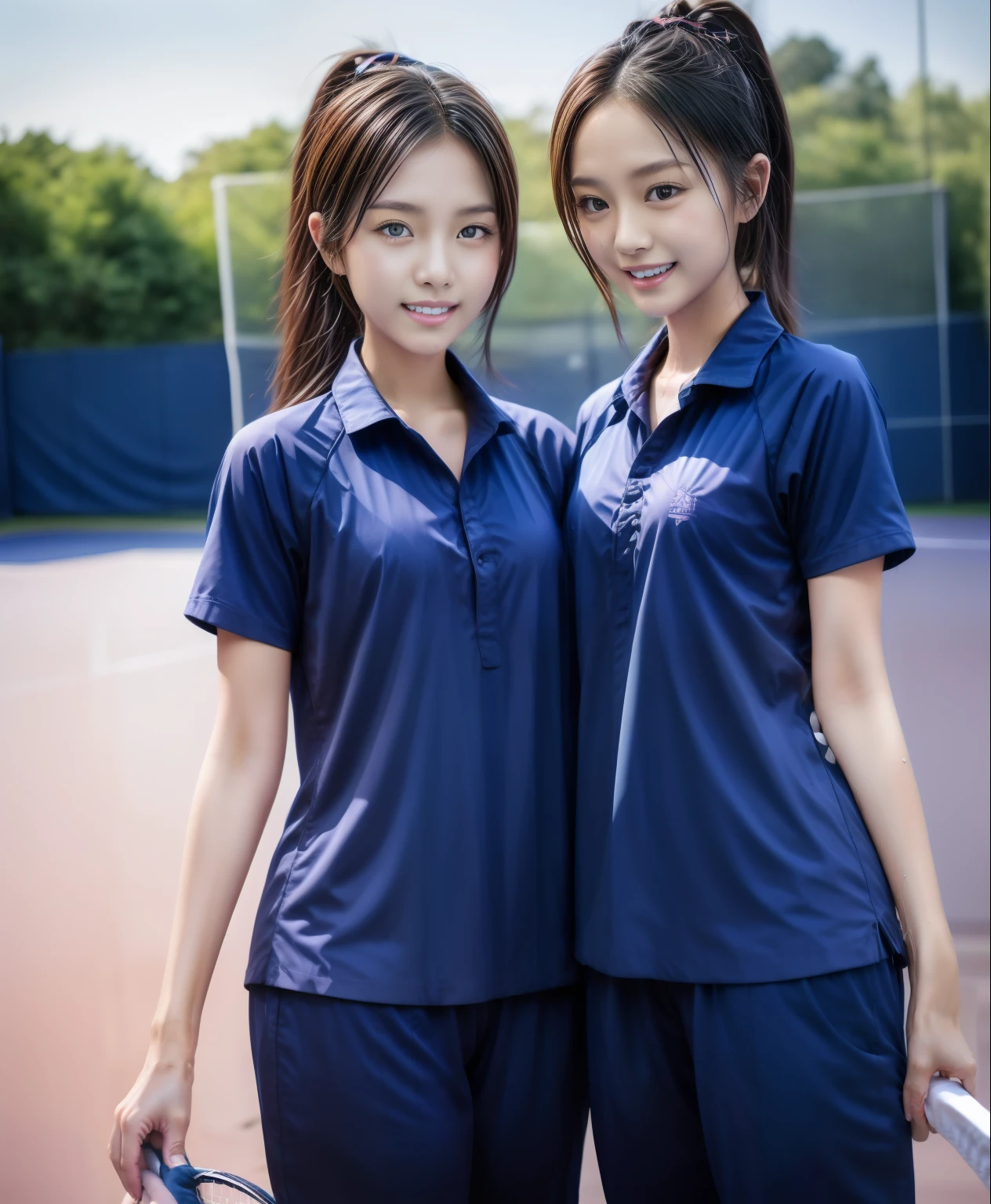 3 girls play tennis at tennis courts, Navy blue short-sleeved shirt,Navy Long Trackpant,Sweatpants, Sweatpantsขายาว,2 girl, lesbian, sexy, exercise clothes, wet body, exercise clothes