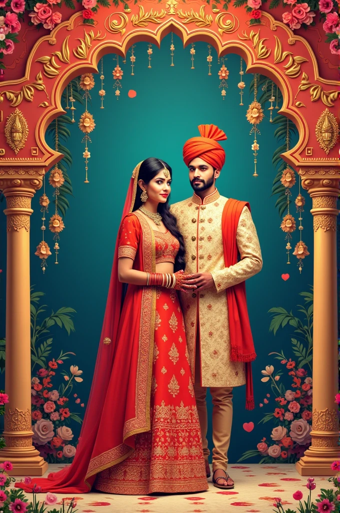 Genrate a Indian wedding invitation card based on Indian theme bride's name is Aishwarya and groom is Deepraj wedding date February 02 2025 venue jaiswal lwans muktainagar maharastra all details mentioned in english language