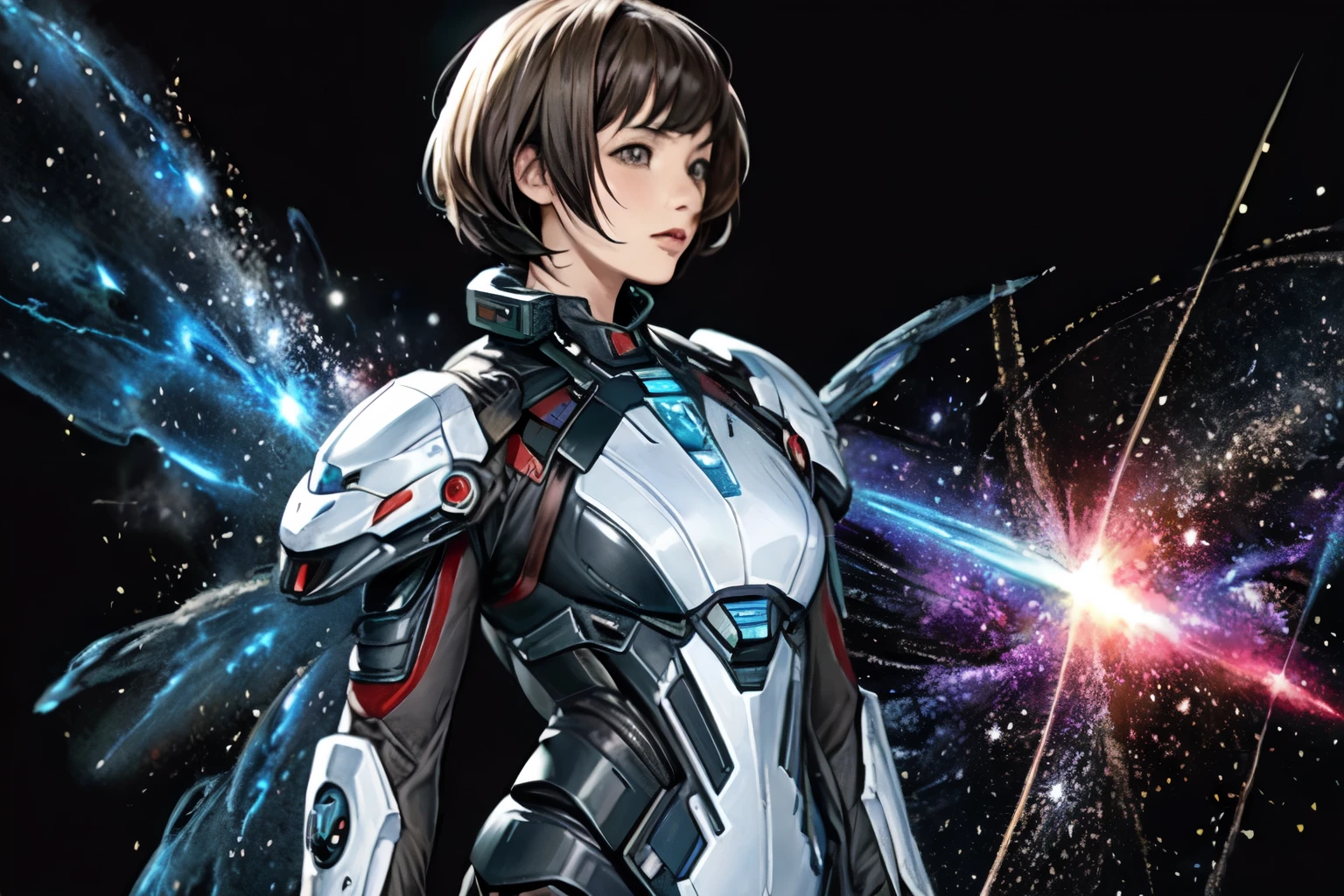 278 (20-year-old woman,short hair) , flower, Futuristic clothing, machinery suit, (The background is a galaxy and nebula)