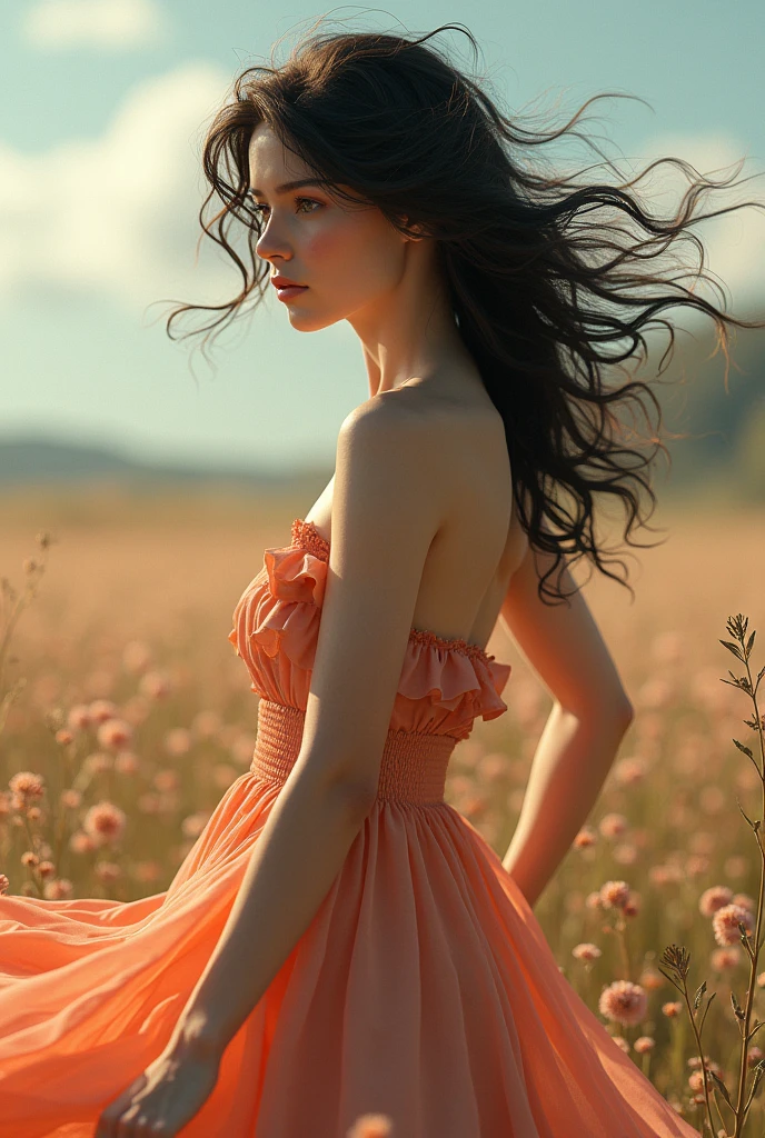 Realistic with excellent fidelity depicts the beautiful
rendering of a woman blooming, a dress swaying in the wind,
dark hair unravels wild and messy, but still clean and attractive