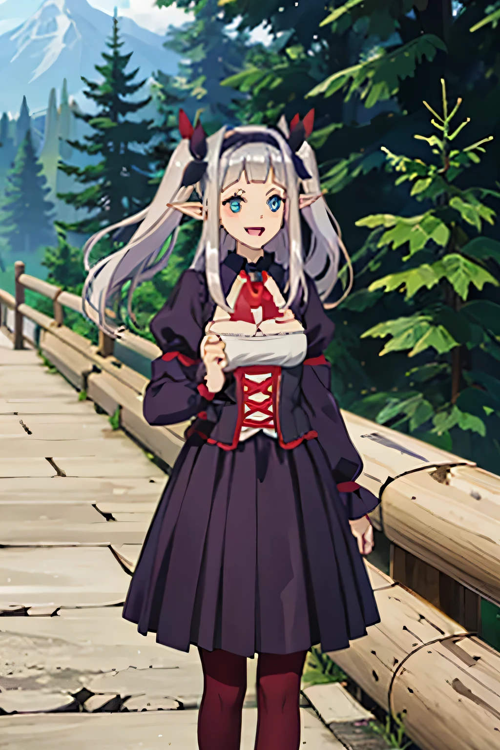 best quality, masterpiece, highly detailed, ruu rurushi, smile, open mouth, fang, grey hair, long hair, blue eyes, pointy ears, two side up, hair ribbon, hairband, black dress, cleavage cutout, pleated skirt, ascot, long sleeves, red pantyhose, hairband, puffy sleeves, standing, looking at the viewer, forest, mountains