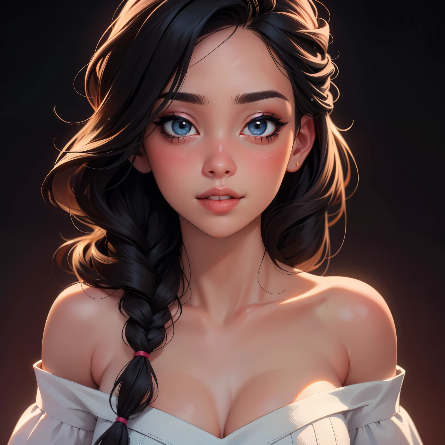 a beautiful woman with long black braided hair, seductive soft eyes, blushing hard, pink parted lips with a seductive smile, long neck and collarbone, medium chest and cleavage, wearing an off-shoulder t-shirt exposing her bare shoulders, (best quality,4k,8k,highres,masterpiece:1.2),ultra-detailed,(realistic,photorealistic,photo-realistic:1.37),intricate details,highly detailed face,extremely detailed eyes and face,longeyelashes,beautiful detailed lips,extremely detailed skin,cinematic lighting,warm color tones,chiaroscuro lighting,romantic,sensual,intimate,alluring,captivating