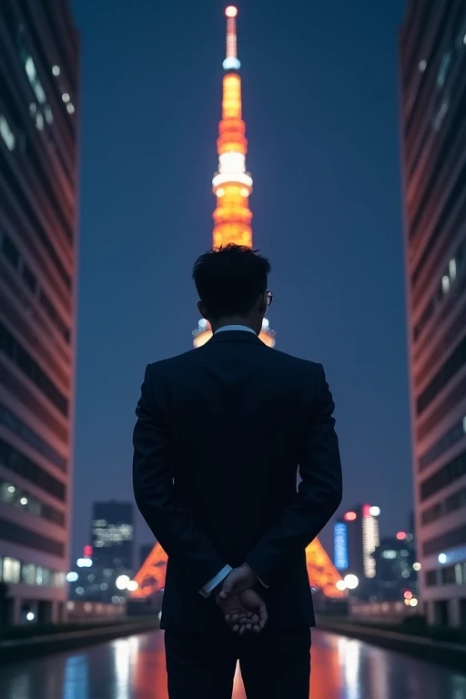 high resolution、office、Tokyo Tower、Night view、male、In a suit、Back view、Glasses、Two Block