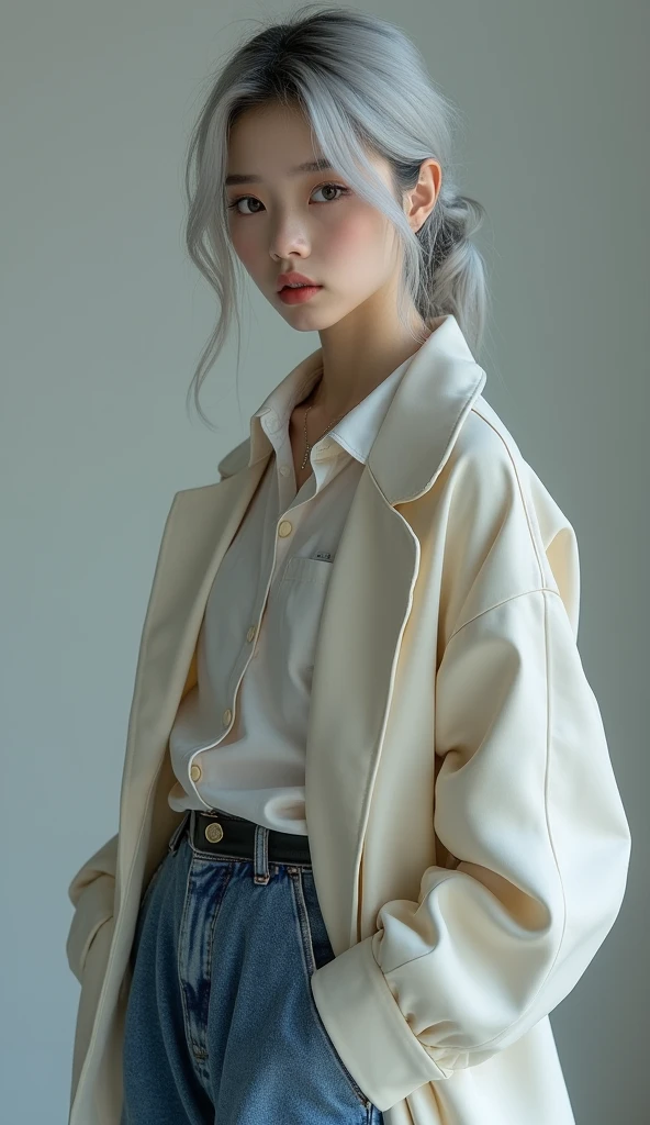 (8k, Photorealistic, RAW Photos, Highest quality: 1.4, detailed),A Japanese idol-like beautiful girl,model,1 person,1,(Short Bob),(Silver Hair),She has her hair tucked behind her ears,Large, clear gray eyes,Long eyelashes,(piercings(small)),(Lip gloss),lips(Plump,glossy),thin long neck,Thin and delicate shoulders,blouse,coat(Mid length(knees))Layered,Wide leg pants(Jeans fabric,Long length(Ankles are hidden)),Sneakers,Cool pose,studio,Front view,Full body shot portrait