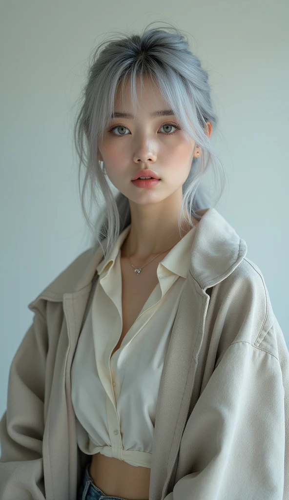 (8k, Photorealistic, RAW Photos, Highest quality: 1.4, detailed),A Japanese idol-like beautiful girl,model,1 person,1,(Short Bob),(Silver Hair),She has her hair tucked behind her ears,Large, clear gray eyes,Long eyelashes,(piercings(small)),(Lip gloss),lips(Plump,glossy),thin long neck,Thin and delicate shoulders,blouse,coat(Mid length(knees))Layered,Wide leg pants(Jeans fabric,Long length(Ankles are hidden)),Sneakers,Cool pose,studio,Front view,Full body shot portrait