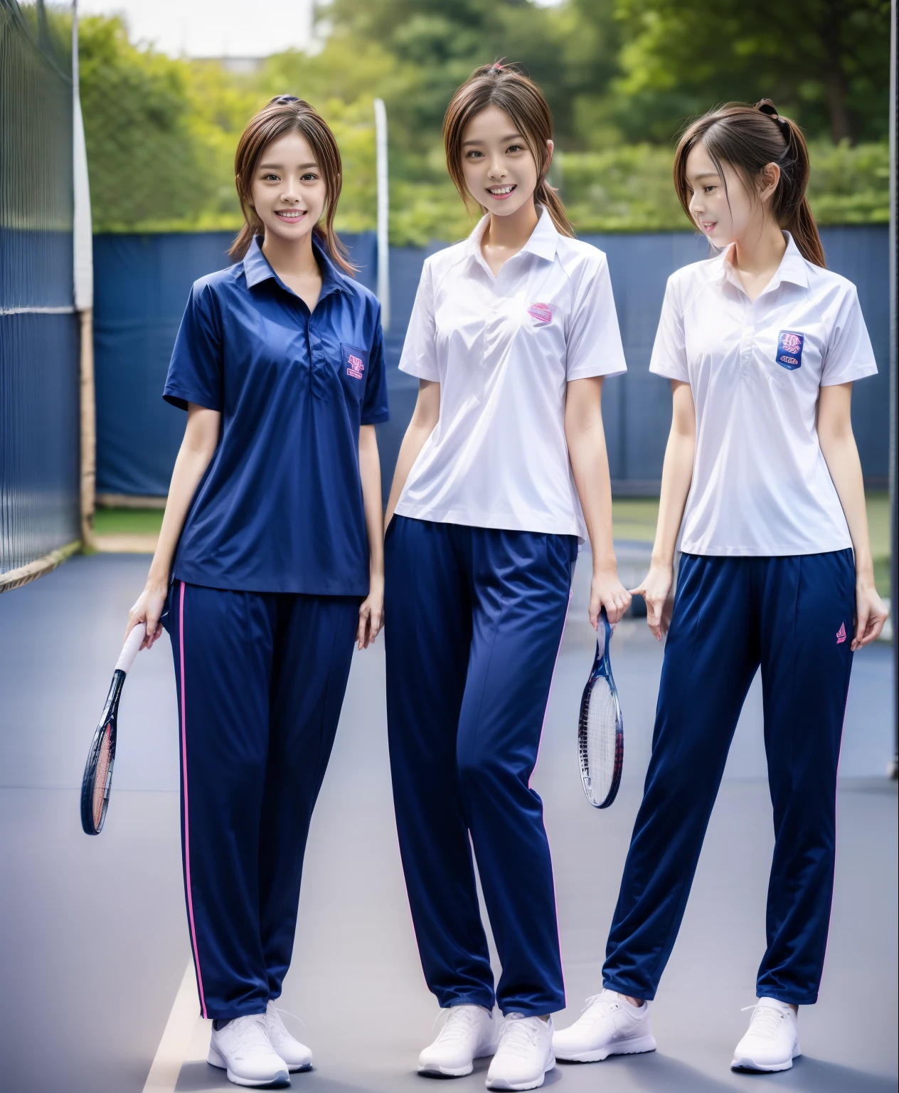 3 girls play tennis at tennis courts, Navy blue short-sleeved shirt,Navy Long Trackpant,Sweatpants, Sweatpantsขายาว,2 girl, lesbian, sexy, exercise clothes, wet body, exercise clothes