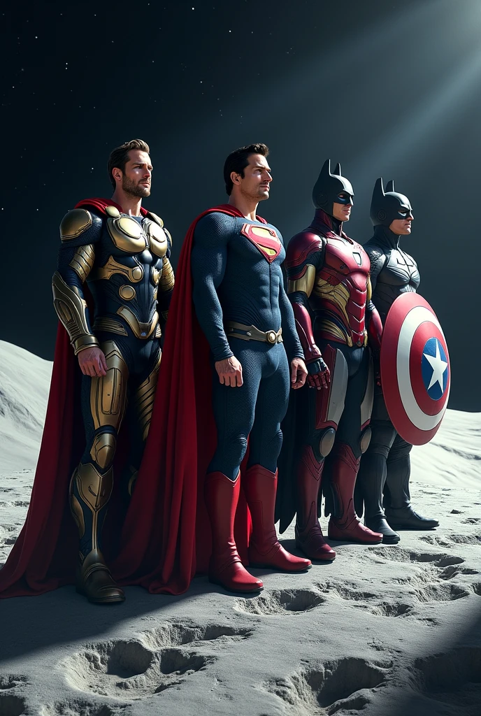 Thor Superman and Ironman Batman and Captain America in Moon