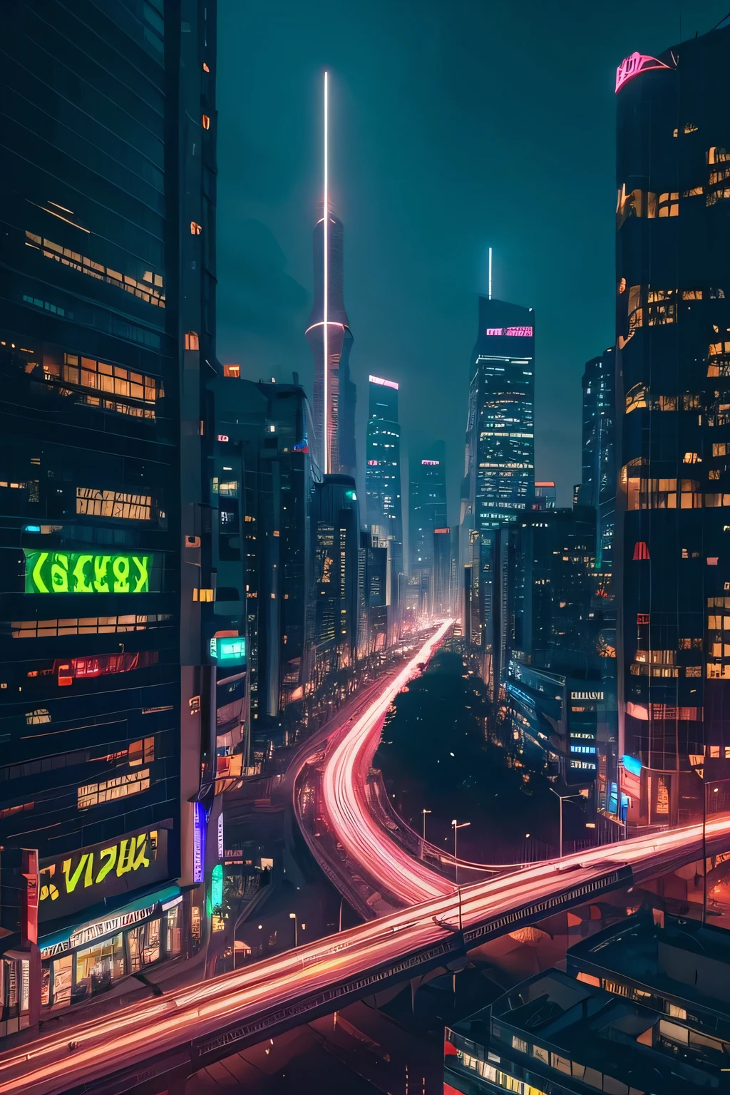 "A wide-angle aerial view of a cyberpunk city at night, captured from an eagle's perspective. The cityscape is filled with towering skyscrapers covered in neon lights, holographic billboards, and glowing advertisements. The buildings are a mix of futuristic glass structures and gritty, industrial designs, with exposed pipes and metallic surfaces. Streets below are illuminated by the vibrant glow of digital signs, with hover cars moving through the air. The sky above is dark, with a faint glow from distant neon lights, creating a moody, dystopian atmosphere. The scene is bathed in a cold, bluish hue, emphasizing the high-tech yet oppressive environment, with sharp contrasts between the bright lights and deep shadows. The overall composition is cinematic, with a sense of scale and depth, capturing the sprawling city in all its chaotic glory."