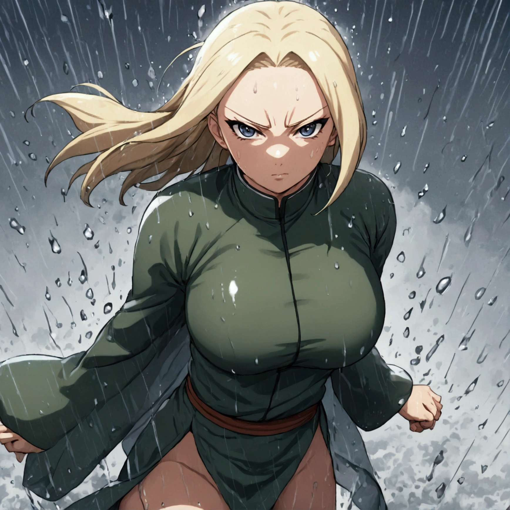 (8k, Highest quality, Manga style, View your viewers, Intricate details:1.3),(One woman, tsunade from naruto), (Martial arts uniform, See-through, Sweating, Full body portrait, Being hit by rain, Soaking wet)