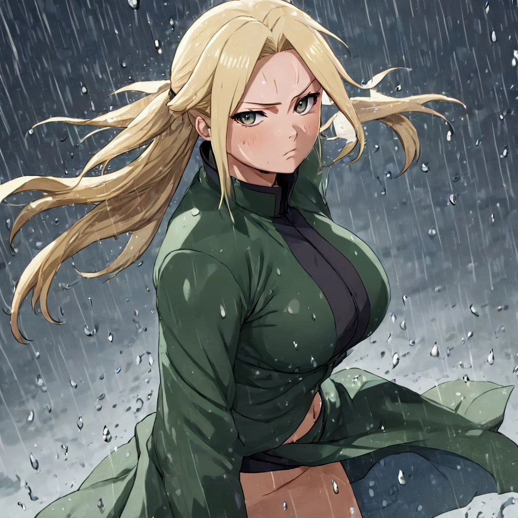 (8k, Highest quality, Manga style, View your viewers, Intricate details:1.3),(One woman, tsunade from naruto), (Martial arts uniform, See-through, Sweating, Full body portrait, Being hit by rain, Soaking wet)