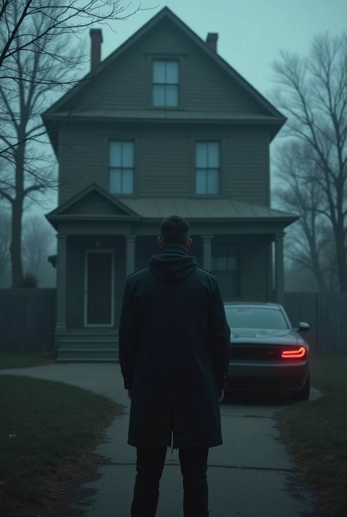 A man standing in front of a dark house with a dangerous dark colour car
