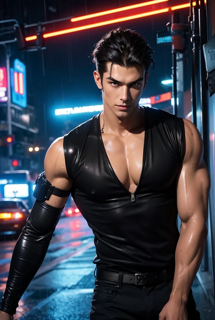 ((masterpiece)),((best quality)),((ultra high detailed)),((realistic,)), a tall handsome muscular young man, cyberpunk, solo, wearing black tank top, extremely detailed face and body, (shiny smooth skin), hot glow in his skin, perfect facial features, beautiful eyes, short hairstyle, sexy gaze, sexy expression, looking at the viewer romantically, beautiful, gorgeous, wet, Futurist era city, architectural streets, futuristic train lines, buildings, night, European city, rainy, neon lights, sexy posture,