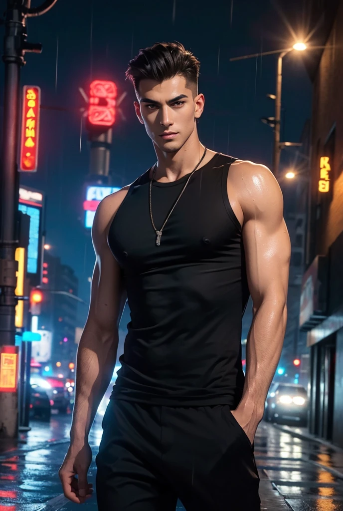 ((masterpiece)),((best quality)),((ultra high detailed)),((realistic,)), a tall handsome muscular young man, cyberpunk, solo, wearing black tank top, extremely detailed face and body, (shiny smooth skin), hot glow in his skin, perfect facial features, beautiful eyes, short hairstyle, sexy gaze, sexy expression, looking at the viewer romantically, beautiful, gorgeous, wet, Futurist era city, architectural streets, futuristic train lines, buildings, night, European city, rainy, neon lights, sexy posture,
