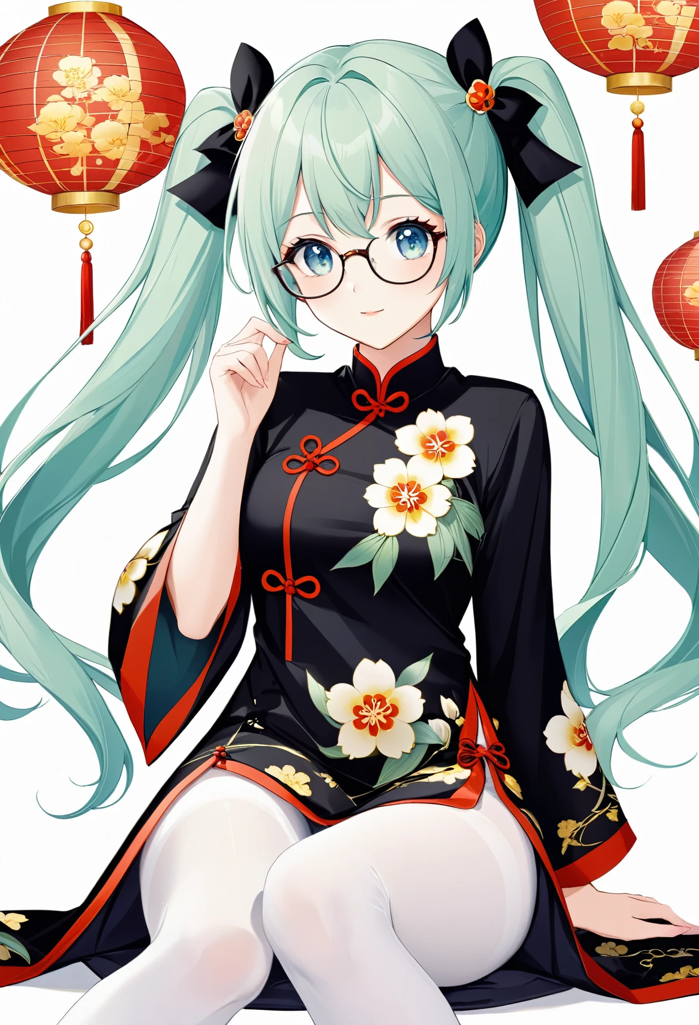 Zhezhi, twintails, multicolored hair, glasses, hair ribbon, chinese clothes, white pantyhose,