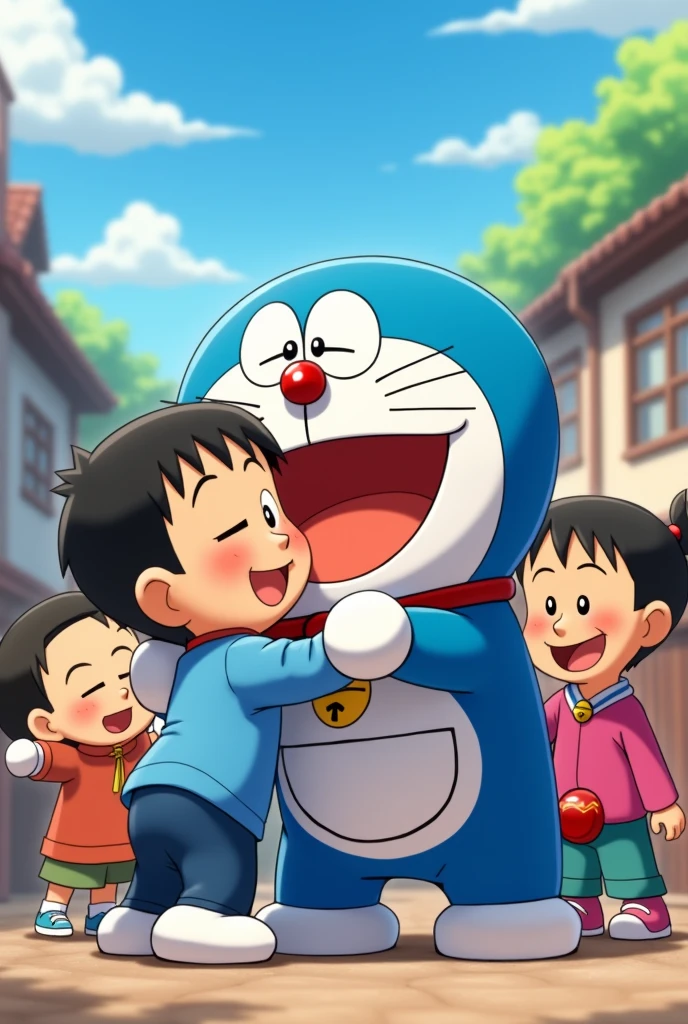 Nobita and Doraemon Hugging with Joy: Nobita and Doraemon are hugging each other with joy, surrounded by their friends who are also enjoying and celebrating happiness.