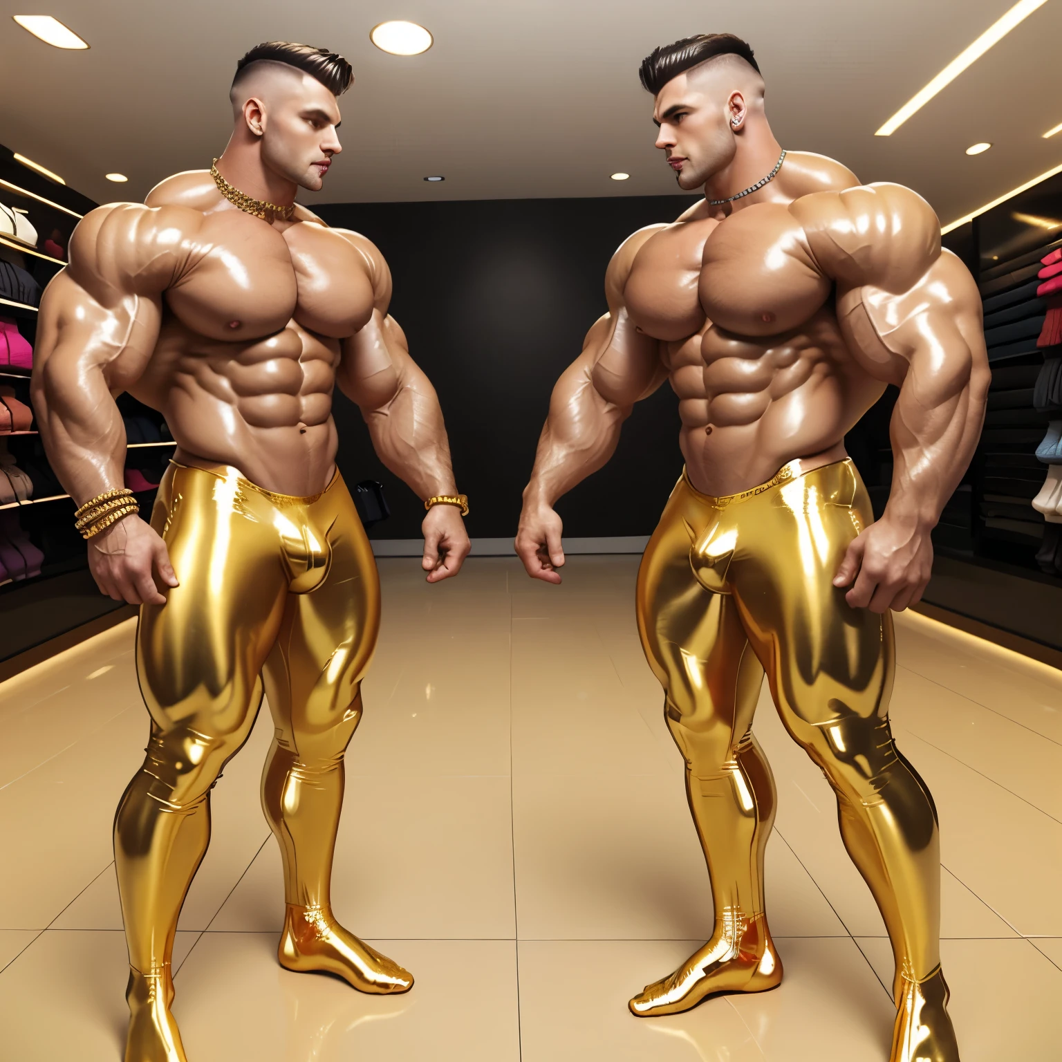 full body profile photo, in modern fashion clothing store, two different white men, in ripped latex suits, destroyed undercut haircuts, their faces completely redone by cosmetic surgery with almost non-existent thin tiny turned up nose, and massive over-inflated siliconed lips, rubbber ties, golden rings fashion jewelery, shoes off, lost, in latex socks clearly visible , shoeless, screaming, sprawled on the floor on stomachs showing off ripped latex socked feet, terrified
