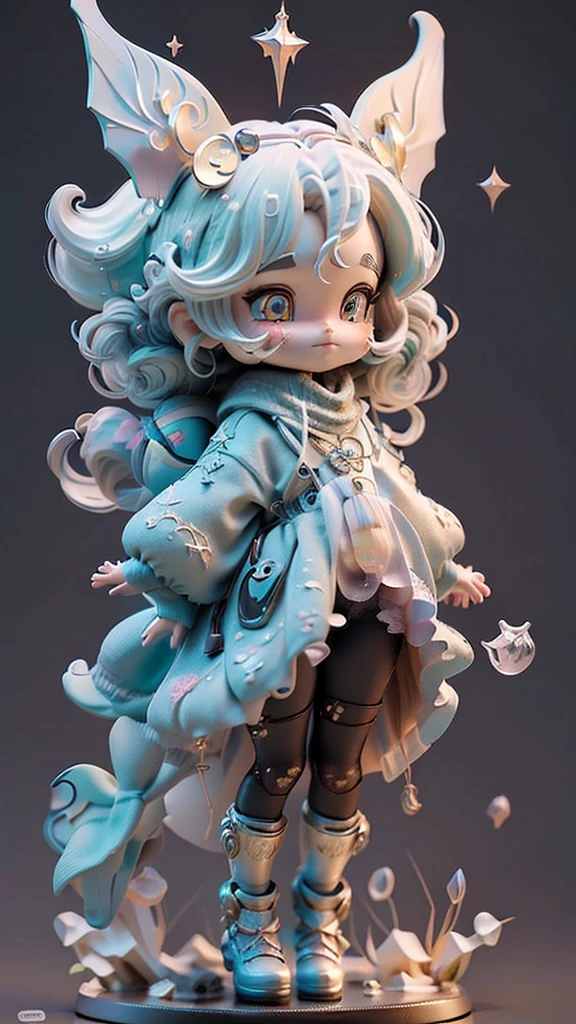 (the same character, front, side, in the back), (whole body); 3d; cute; 3d Toy Art; Toy Art; animation style; glitter; Zodiac sign Pisces; Fish Details; ♓ symbol, Look straight ahead