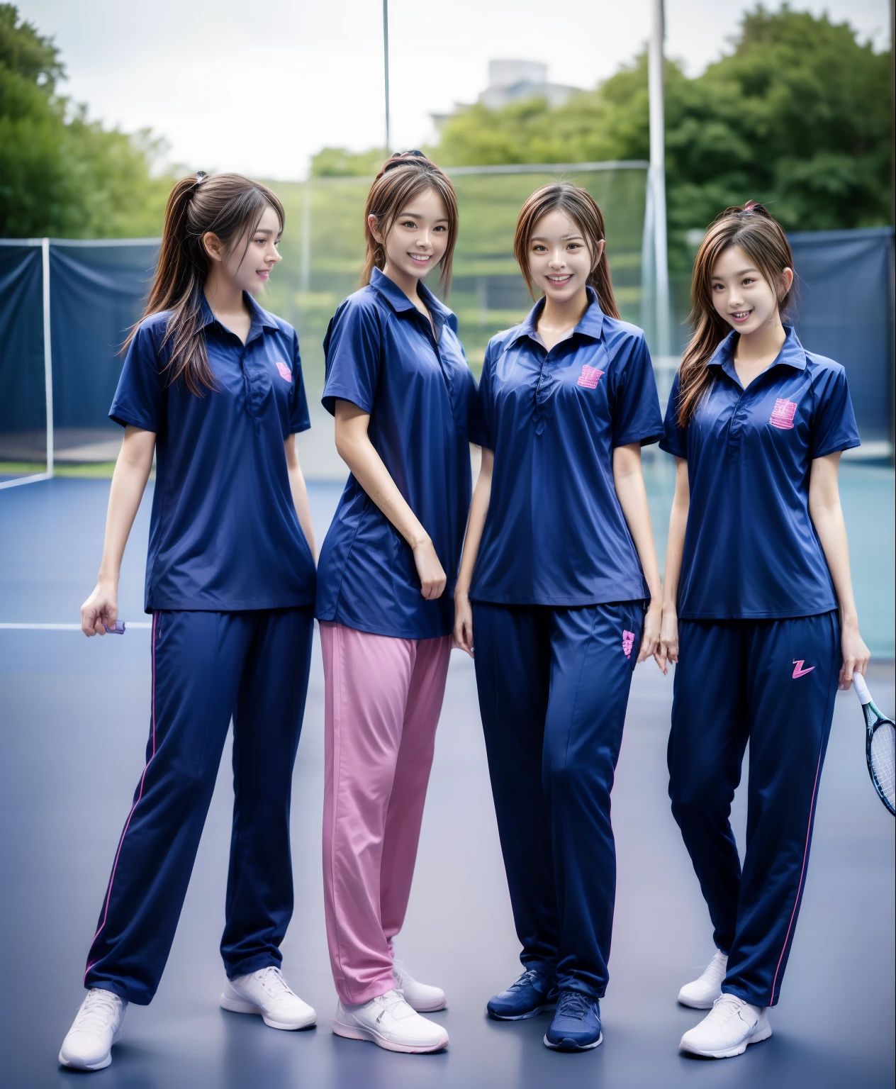 3 girls play tennis at tennis courts, Navy blue short-sleeved shirt,Navy Long Trackpant,Sweatpants, Sweatpantsขายาว,2 girl, lesbian, sexy, exercise clothes, wet body, exercise clothes