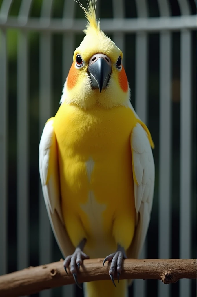 A yellow and white bird with a black beak perched on a branch, the bird's eye is facing the camera, the bird is in a cage with a white background. Photorealistic, 8k, sharp focus, cinematic lighting.