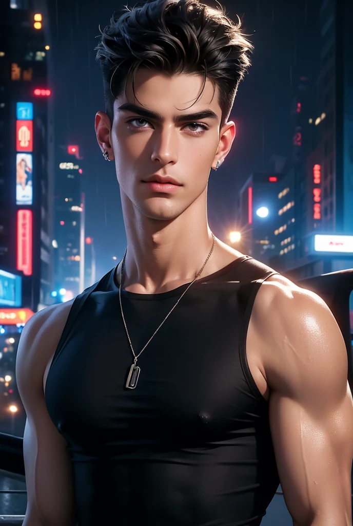 ((masterpiece)),((best quality)),((ultra high detailed)),((realistic,)), a tall handsome muscular young man, cyberpunk, solo, wearing black tank top, extremely detailed face and body, (shiny smooth skin), hot glow in his skin, perfect facial features, beautiful eyes, short hairstyle, sexy gaze, sexy expression, looking at the viewer romantically, beautiful, gorgeous, wet, Futurist era city, architectural streets, futuristic train lines, buildings, night, European city, rainy, neon lights, sexy posture,