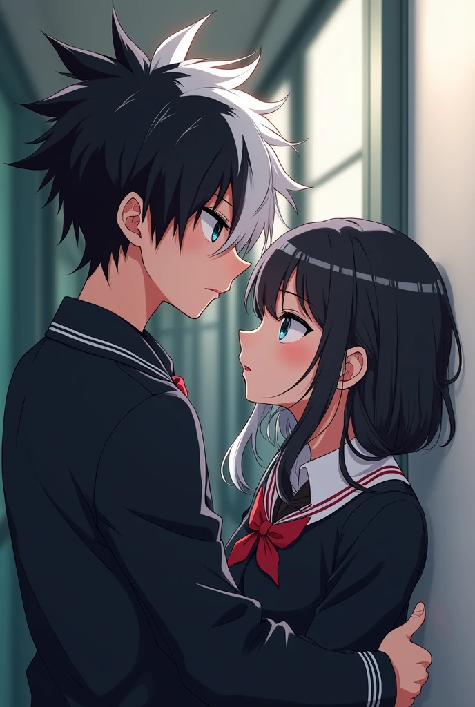 An anime boy 18+ with white and black hair with school dress with a girl whose hair is also whoite and black with school dress the boy is making the girl push the wall