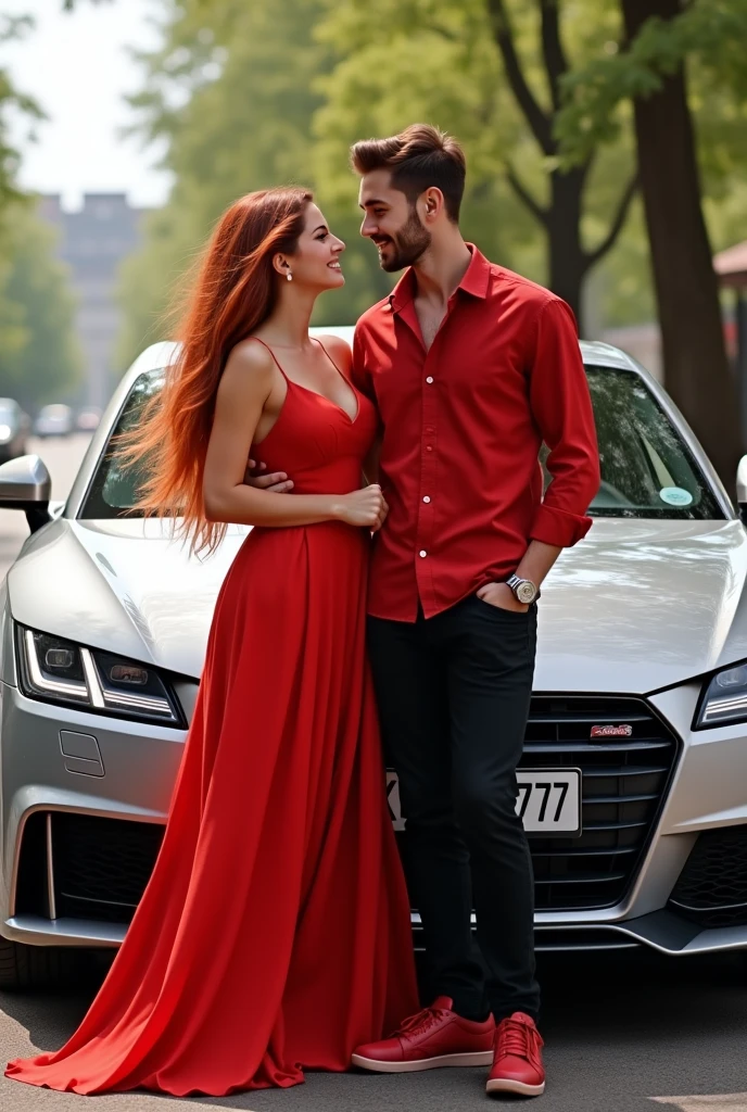 A girl with red colour frok and long hair she with her boyfriend and audi TT that car number is KL 66 B 777 and that boy's have red shirt and black pant