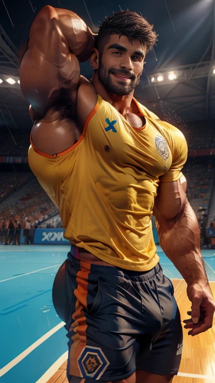 Indian Close up focus on Head to thights view, 30 years old indian man lifted his wetty fitted tee shirt upward in mouth and joggers, winking a one eye, bandhoiz beard man standing in basketball court in rain, rain drops dripping on body, and showing wetty hairy chest wetty bulge indian perfect bulge in pant, masterpiece, seductive ,erotic, exotic moments, tee shirt upward, public hairs