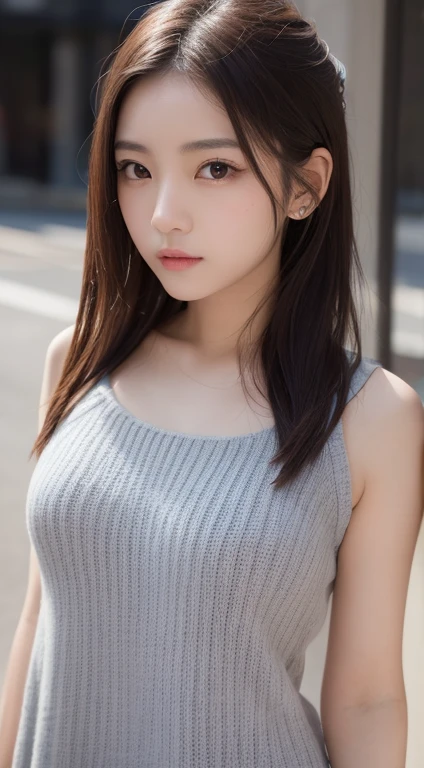 In detail, High resolution, high quality、Perfect dynamic composition, Beautiful attention to detail, Medium Hair, small 、Natural color lip,Kamimei、Shibuya Ward、20-year-old girl、1 person、Clear Skin、Shiny Hair、Tabletop, 最high quality, figure, Very detailed, In detail, High resolution, 8k、The correct state of the human body、Randomly cute poses,ponytail,Beautiful feet,Perfect beautiful face,KPOP idol faces,Ecstatic face,Light grey knit dress,Background Blur,Dress up as a model for a women&#39;s fashion magazine,Blurred Background