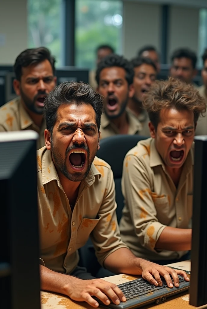 Angry indians screaming at their computers while being covered in a brown substance