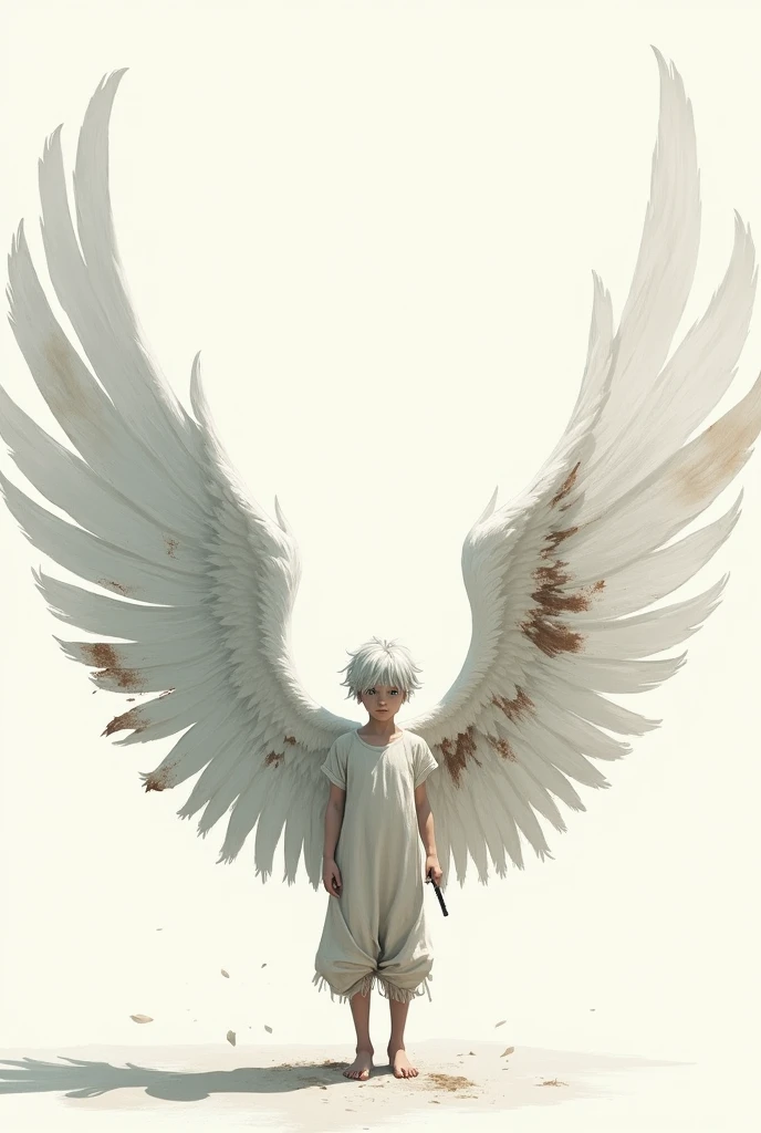 Boy with wings, full body, white wings stained with black, he is short, white, has silver hair, wears simpler clothes
