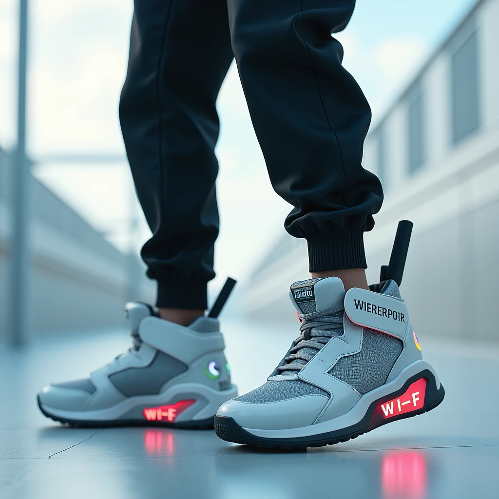 Wifi shoes with router antennas and that say wifi on the side
